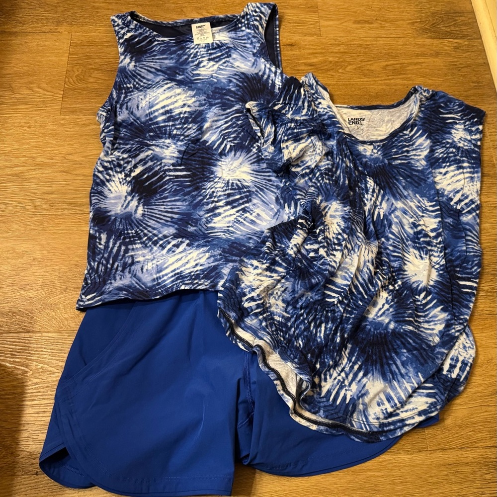 Land’s End Blue and White Tie-Dye Tank Swim Set NWOT